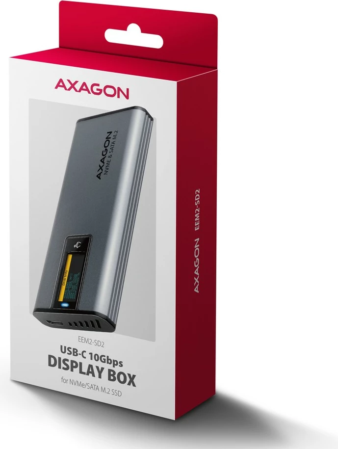 Zunanje računalniško ohišje za SSD AXAGON EEM2-SD2, M.2 NVMe/SATA, USB-A/C 3.2 Gen2, LCD zaslon, sivo