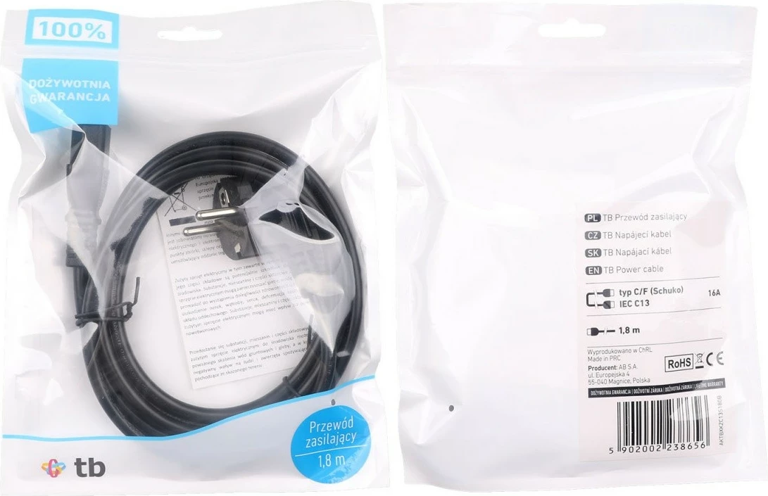 Napajalni kabel TB AKTBXKZC13S180B, 1,8 m, IEC C13, Schuko, črn