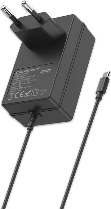Stenski polnilec za Raspberry Pi 5, USB-C, 27 W, črn, Qoltec 51830