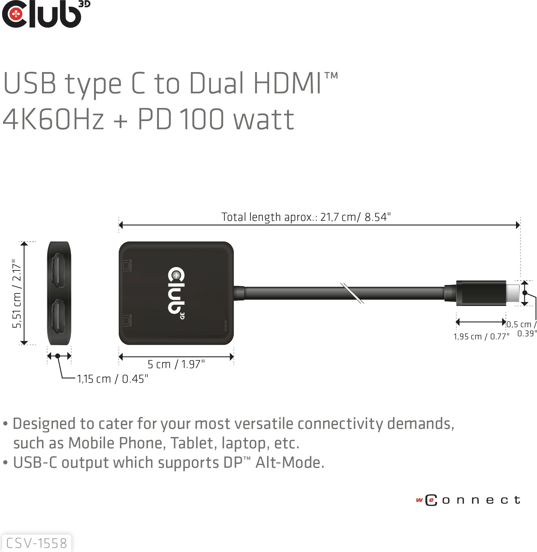 Adapter USB Type-C na 2x HDMI, 4K60Hz, 100W PD, Club3D, črn
