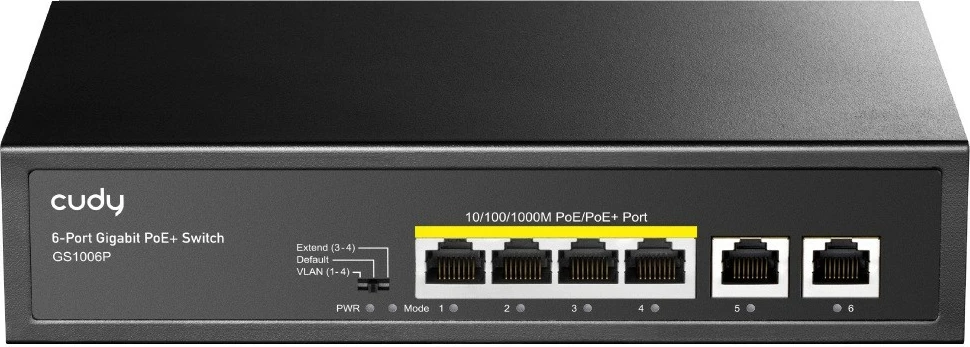 Stikalo PoE+ 6 vrat Gigabit (4 PoE + 2 uplink), napajanje 65 W, Cudy GS1006P, za rack
