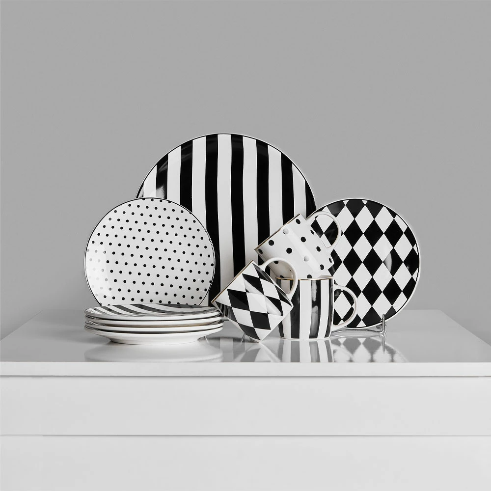 Set krožnikov za sladice JOLIE, 7 kosov, porcelan New Bone China, bela in črna, 30x30x3 cm