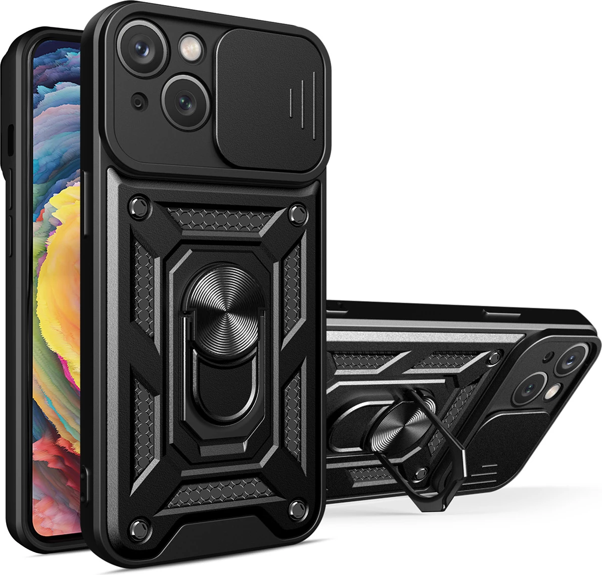 Zaščitni ovitek Hurtel Hybrid Armor Camshield za Realme 10 Pro+, z zaščito kamere, kovinskim obročem, črn