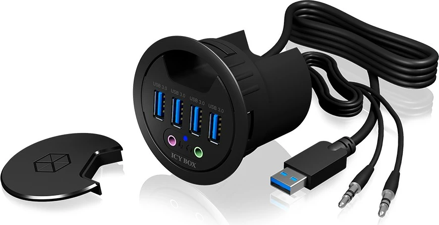 USB hub, 4 porta USB 3.0, audio in/out, plastika, črn - ICY BOX IB-HUB1403A