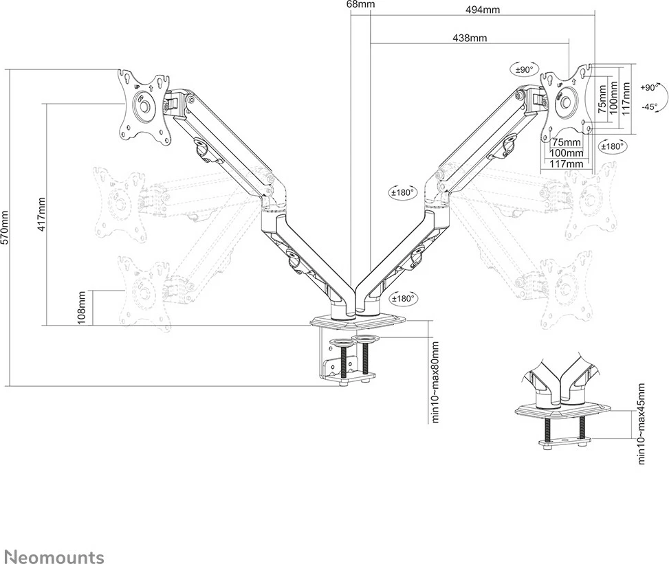 Nosilec za dva monitorja Neomounts FPMA-D650DBLACK, 17–27 palcev, nastavljiva višina z gas spring, črn