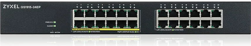 Upravljano stikalo Zyxel GS1915-24EP, 24 Gigabit priključkov, 12 PoE, za montažo v rack, črno