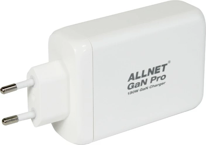 Močnejši polnilec 130W, ALLNET GaN, 1x USB Typ-A QC, 3x USB Typ-C, bel