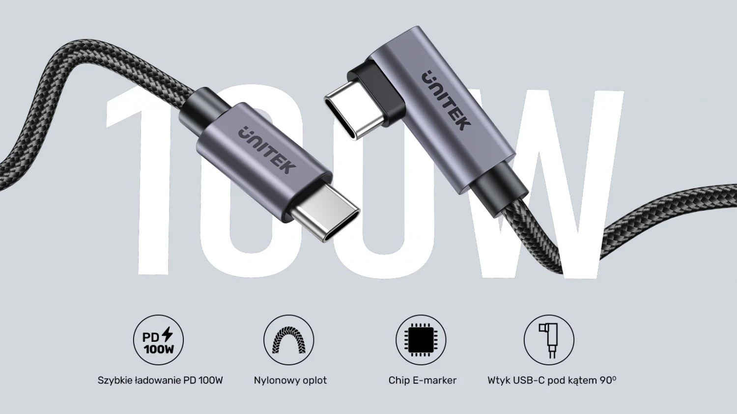 Kabel USB-C z 90° kotom PD 100W 0,5 m, črno-siv - Unitek