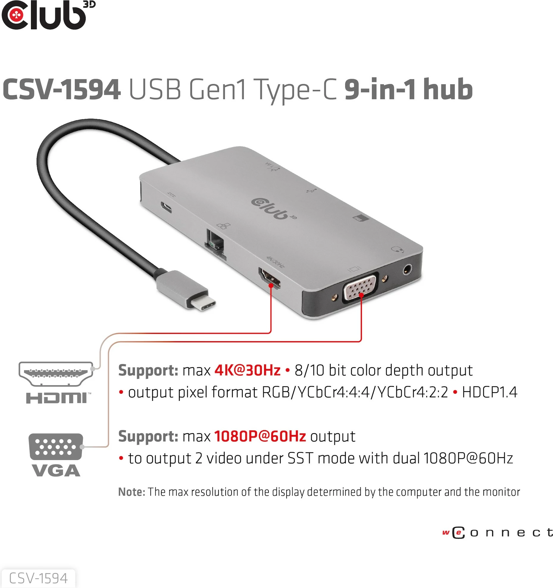 USB-C HUB 9in1 z HDMI, VGA, 2×USB, RJ45, SD — Club3D, 100W, črno/siv
