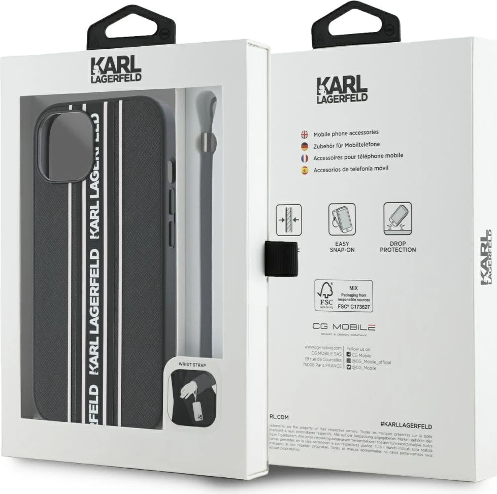 Ovitek za telefon Saffiano Athleisure Stripes Cord za iPhone 15, rožnat, Karl Lagerfeld