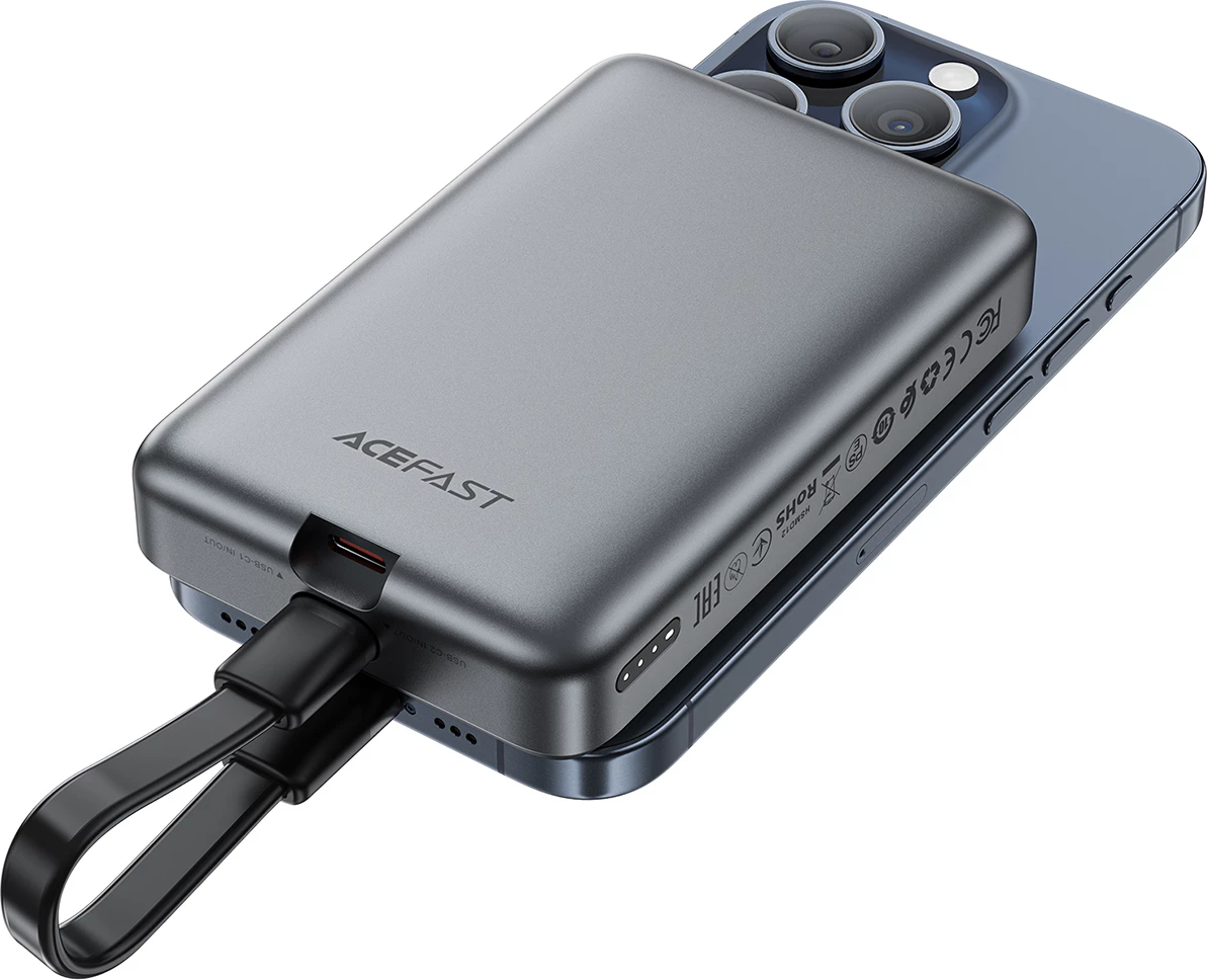 Powerbank Acefast M10, 10.000 mAh, 2x USB-C PD 30W, brezžično polnjenje 15W, s kablom, črn