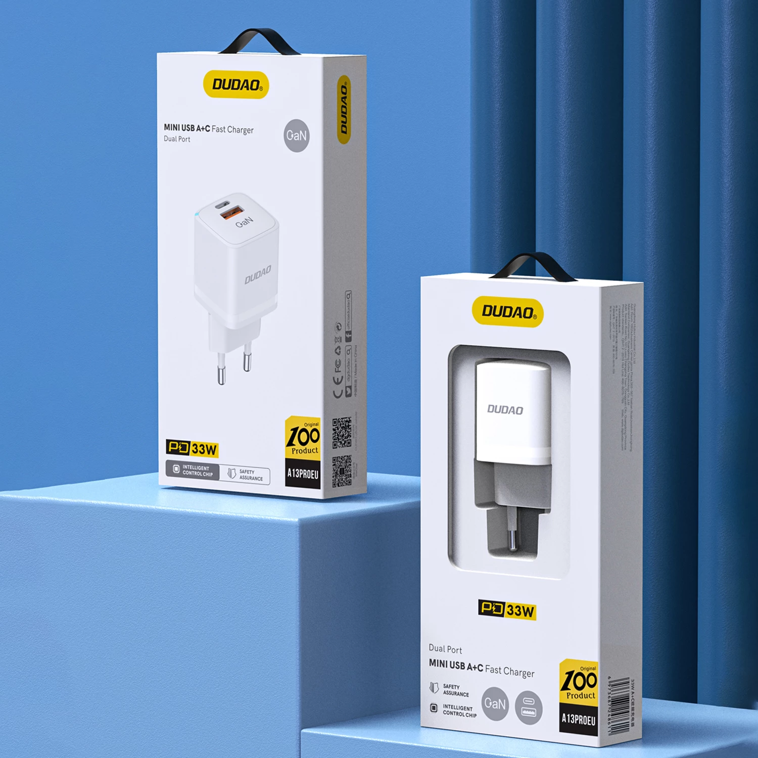 GaN stenski polnilec, Dudao A13ProEU, 33W, 2x USB-C/USB-A, bel