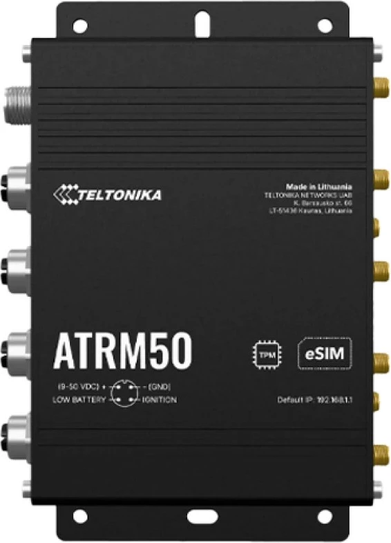 Usmerjevalnik 5G Teltonika ATRM50 4x Gigabit Ethernet M12, dvojni SIM, eSIM, GNSS, 9–50 V, IP30, črn