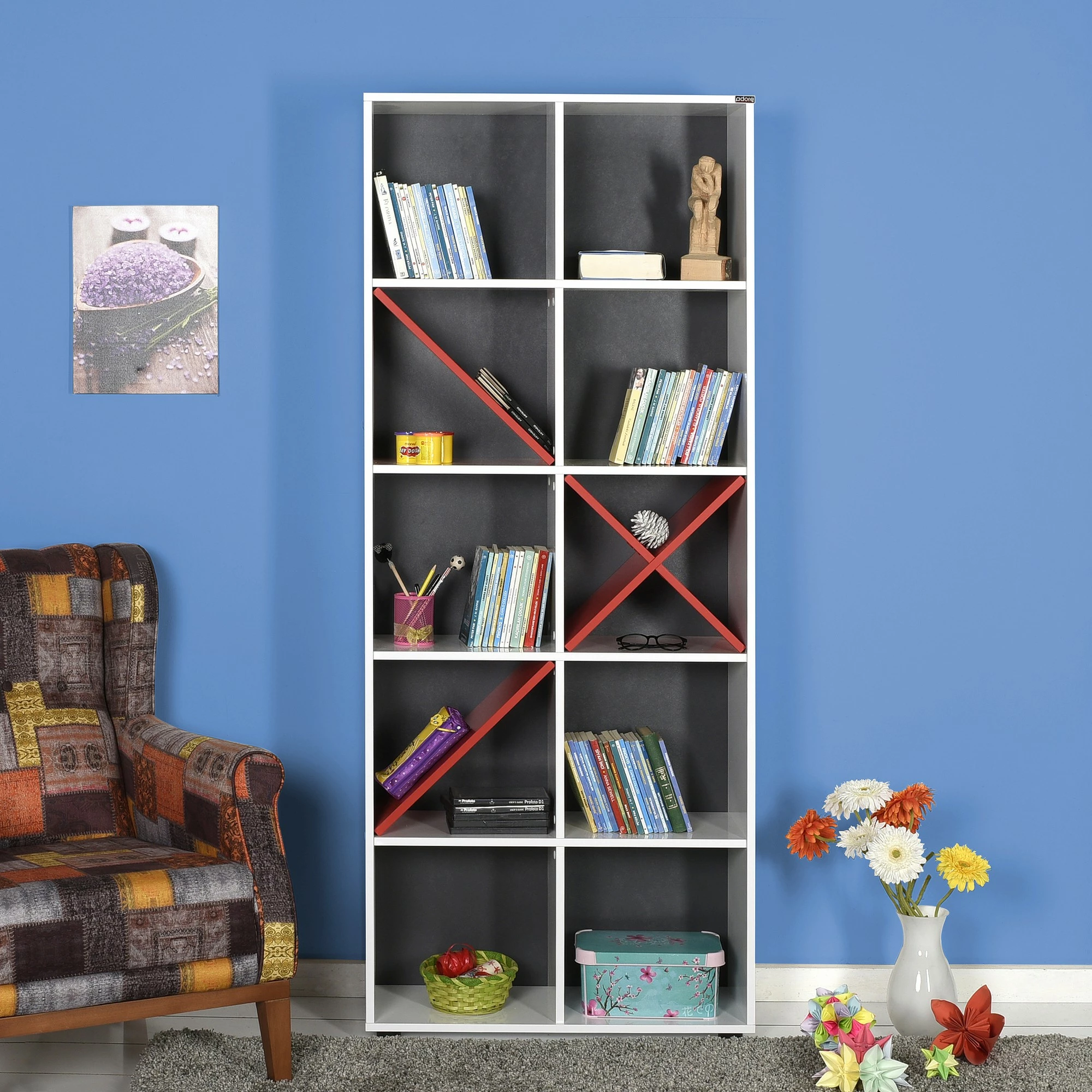 Raft za knjige, Hanah Home KTP-910-BK-1, bel in rdeč, 75x188x30 cm