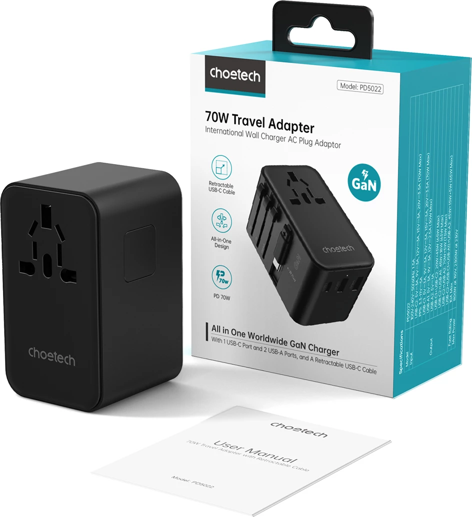 Potovalni adapter s polnjenjem 70W Choetech PD5022, 4 vhodi, USB-C/USB-A, črn
