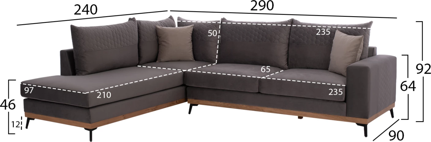 Kotna sedežna garnitura MESINA, siva, visoke noge, 2 kosa, levi kot, tkanina, odporna na madeže in vodo