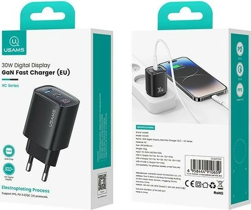 Omrežni polnilec, 30W, GaN, 1x USB, 1x USB-C, z digitalnim zaslonom, USAMS CC229, bel