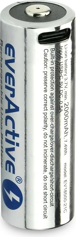Polnilna baterija everActive 18500 Li-ion 3,7 V, 2100 mAh, USB-C, srebrna