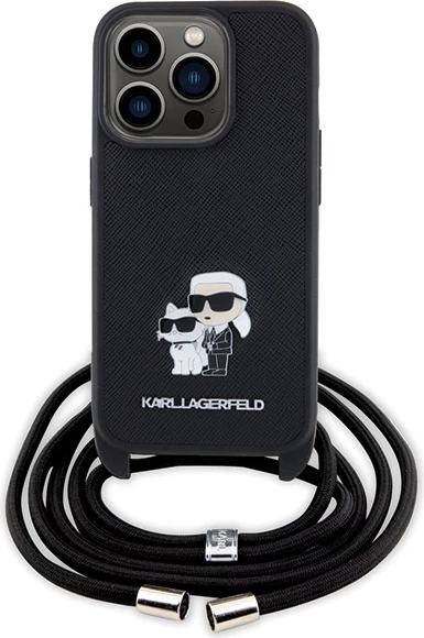 Ovitek za telefon Crossbody Saffiano z metalnim znakom Karl & Choupette za iPhone 15 Pro, črn Karl Lagerfeld