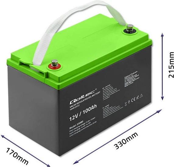 Gel baterija 100Ah 12V Qoltec, model 53080, črna z zelenim pokrovom