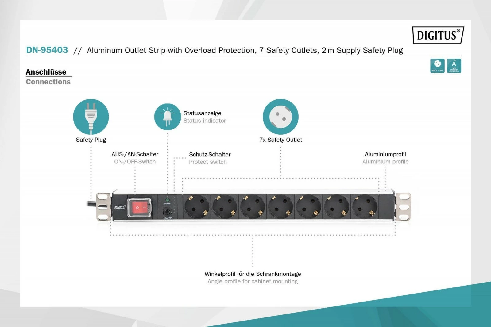 Rack vtičnica, 7x Schuko, 1U, 2 m, zaščita pred preobremenitvijo, črno/srebrna — Digitus DN-95403