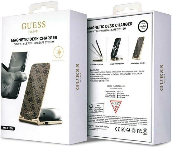 Indukcijski polnilec 2‑v‑1 z vzorcem Guess MagSafe, 15 W, zložljiv, rjav