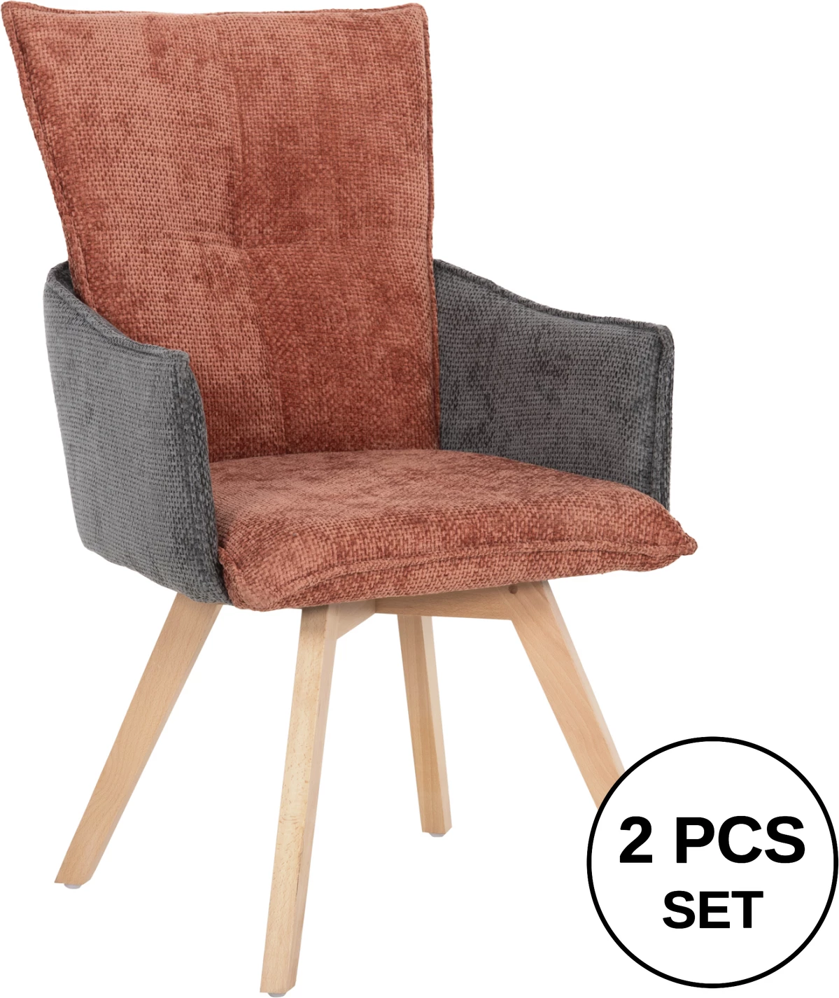 Jedilniški naslanjač REX FH9847.06 iz opečno rdeče-sive tkanine z nogami iz bukovega lesa 53x60x93H cm, set 2 kosov