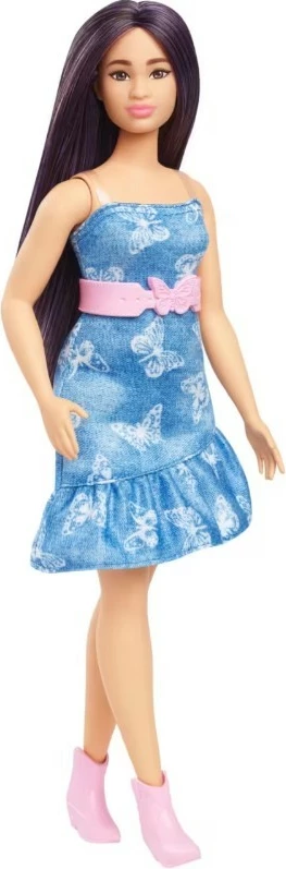 Kukla Fashionistas z dolgimi vijoličnimi lasmi in jeans obleko, Mattel HYT89