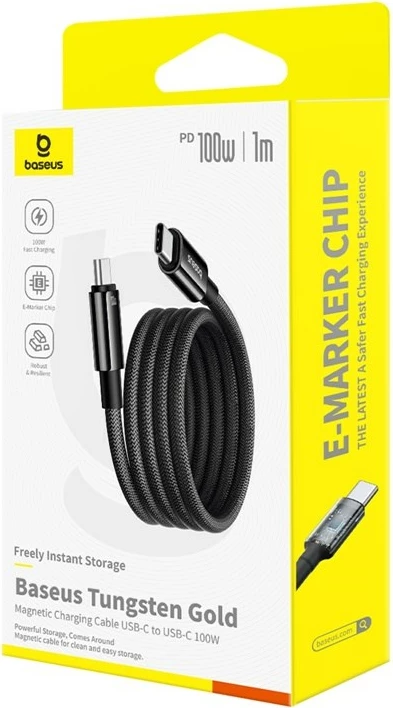 Magnetni USB-C na USB-C kabel Baseus Tungsten, 1 m, 100 W, črn