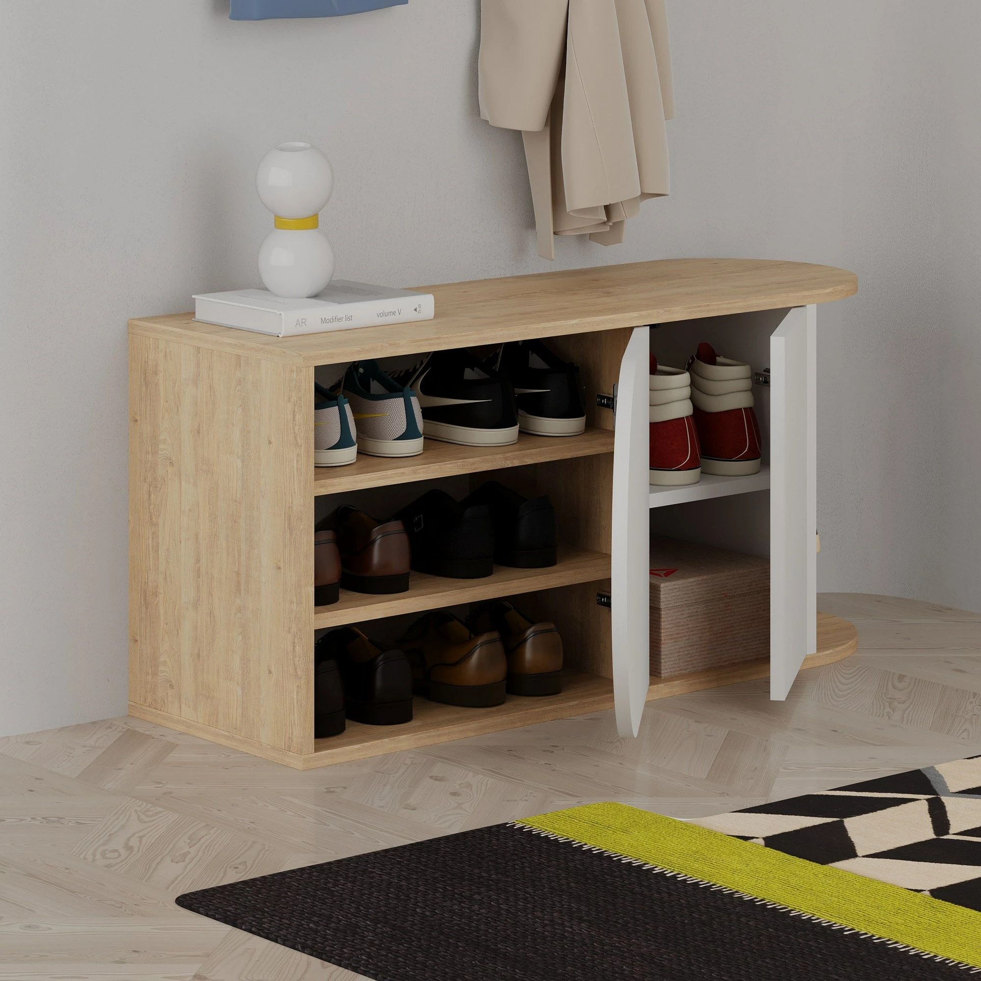 Omara za čevlje in stolček za obutev Skye Decor Nova, hrast in bela