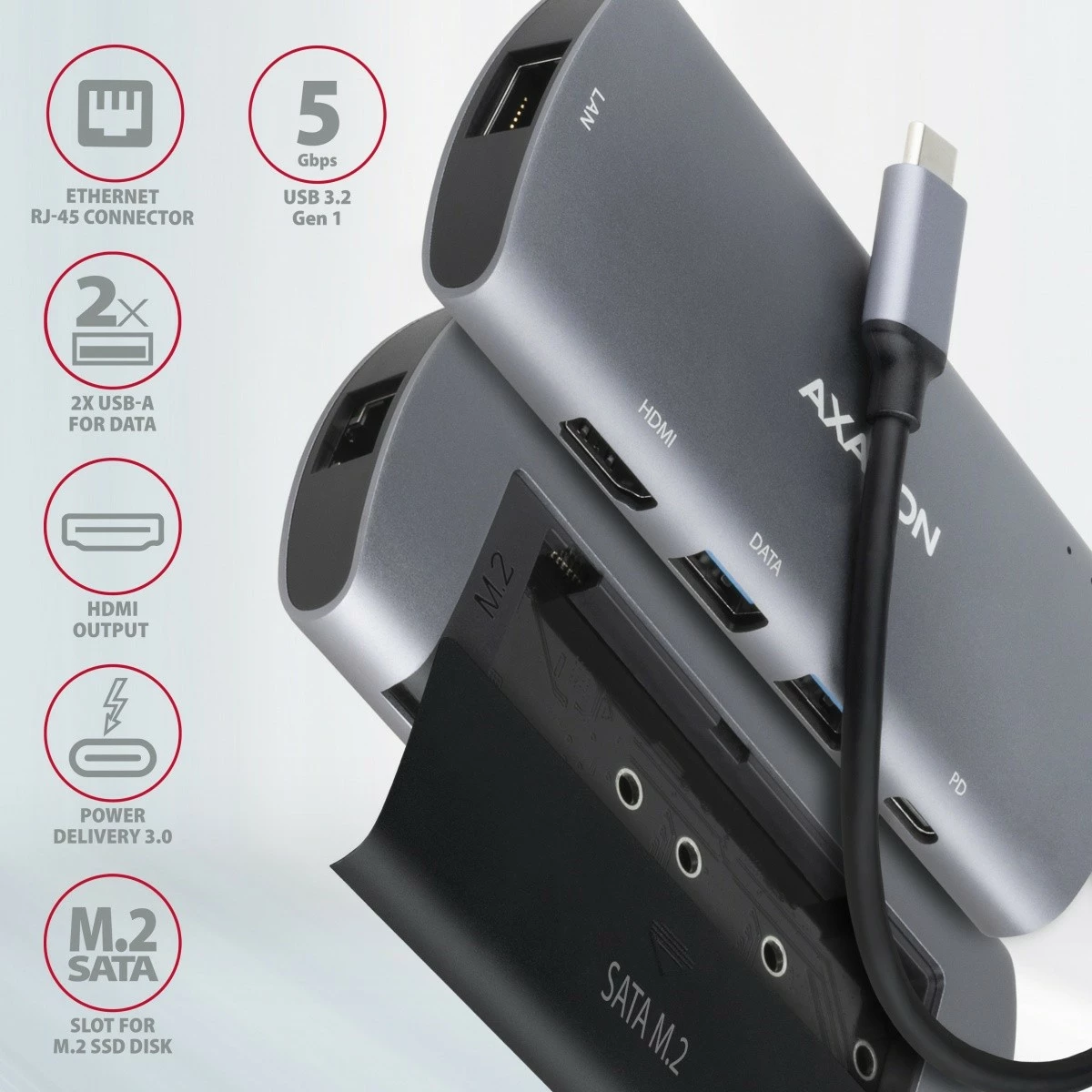 Multifunkcionalen hub 6‑v‑1 AXAGON HMC-6M2, USB-C 3.2 Gen 1, režo M.2 SATA, HDMI, GLAN, 2x USB-A, PD 100W, siva