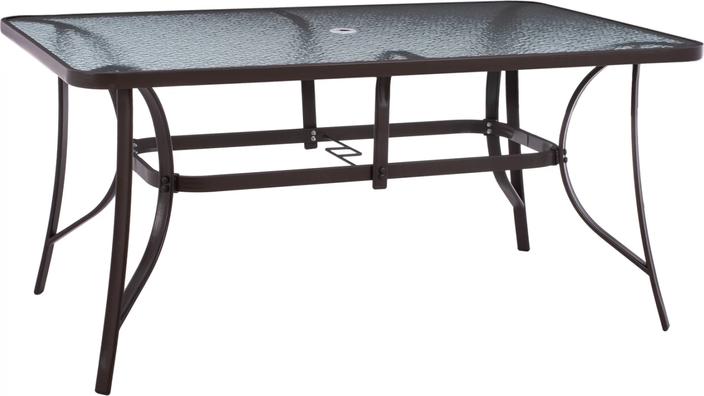 Pravokotna kovinska miza 150x90x75 cm v rjavi barvi z luknjo za dežnik D38 cm