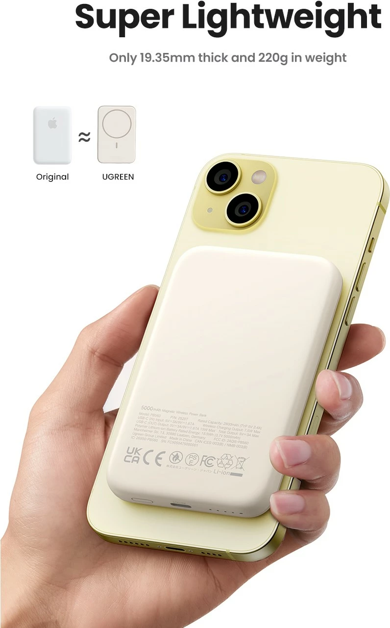 Brezžični polnilnik (powerbank) Ugreen 25208, 10000 mAh, Power Delivery 3.0, bež