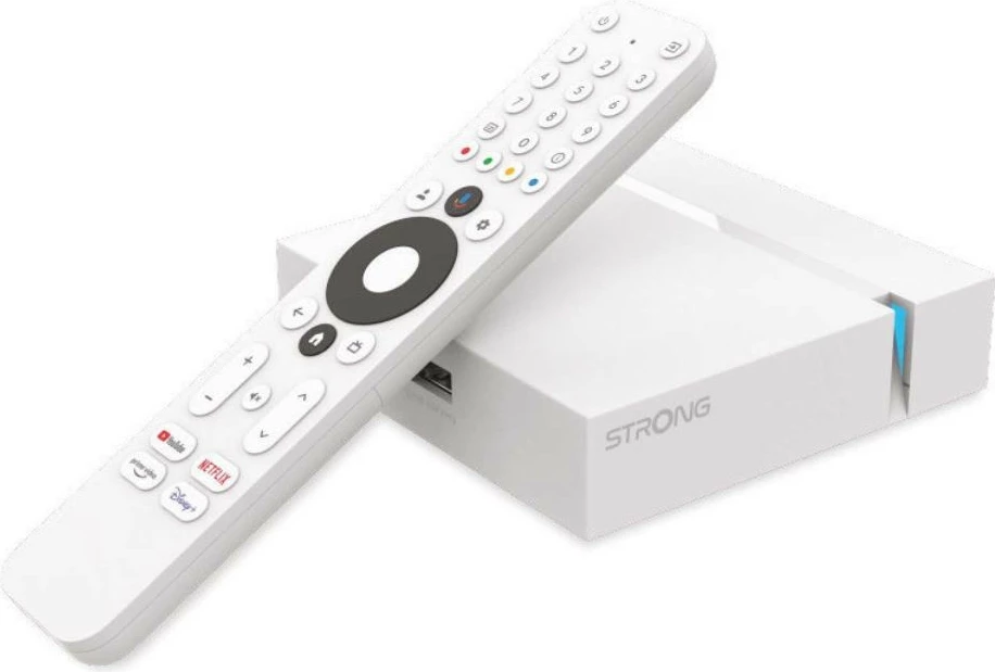 Box TV Google, 4K UHD, Wi‑Fi 5 dvo‑pasovni, HDMI 2.1, Bluetooth 5.0, Chromecast, bel, z daljincem Strong LEAP-S3+