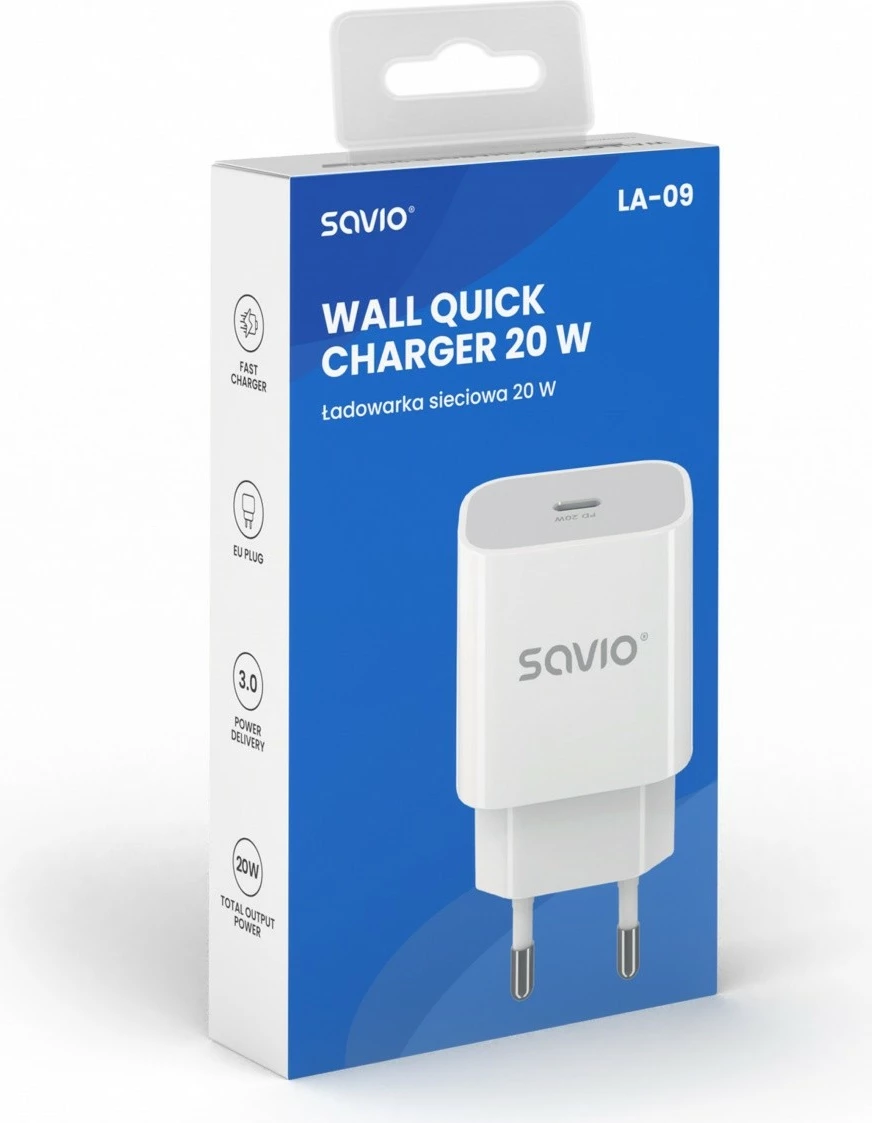 Stenski polnilnik 20 W, USB-C, bel, Savio LA-09