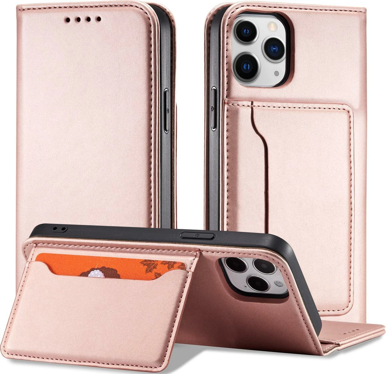 Magnetni ovitek za kartice Hurtel za iPhone 12 Pro, z denarnico in stojalom, rožnat