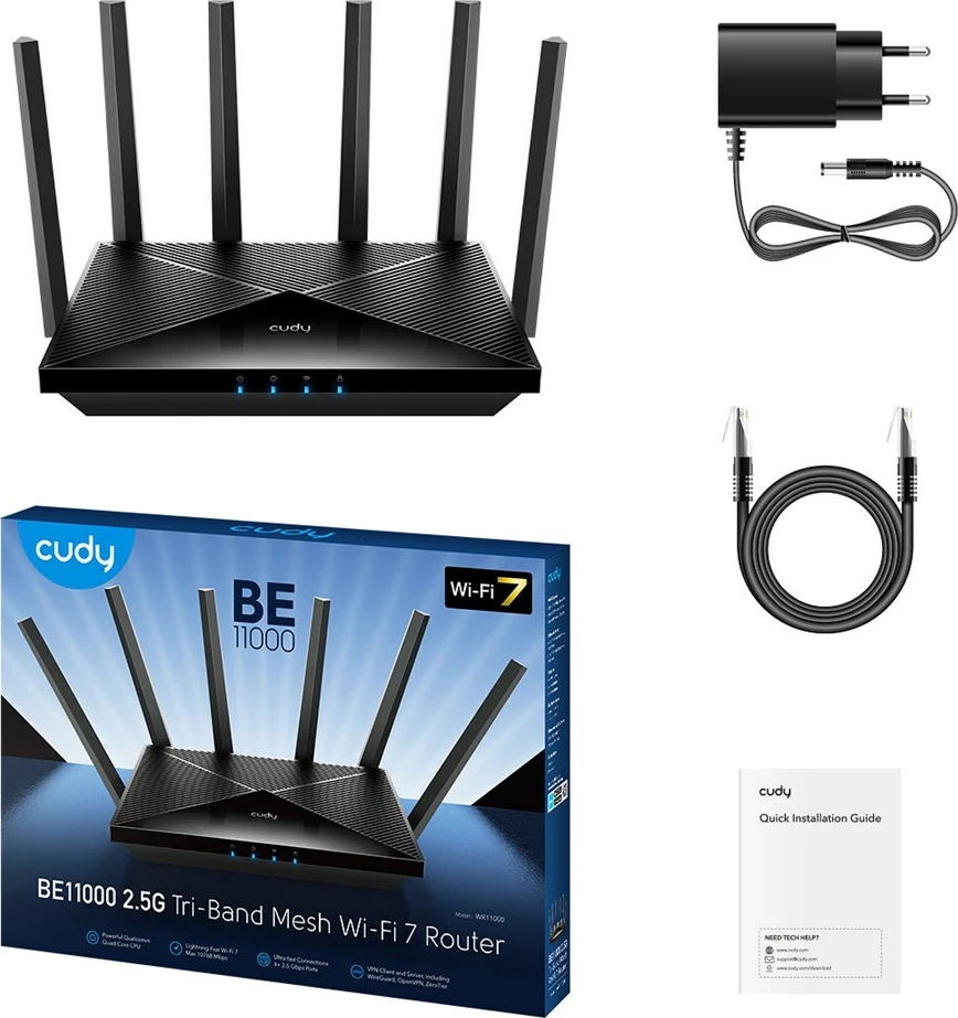 Tri-pasovni brezžični usmerjevalnik Cudy WR11000, 2,5 Gigabit Ethernet, črn