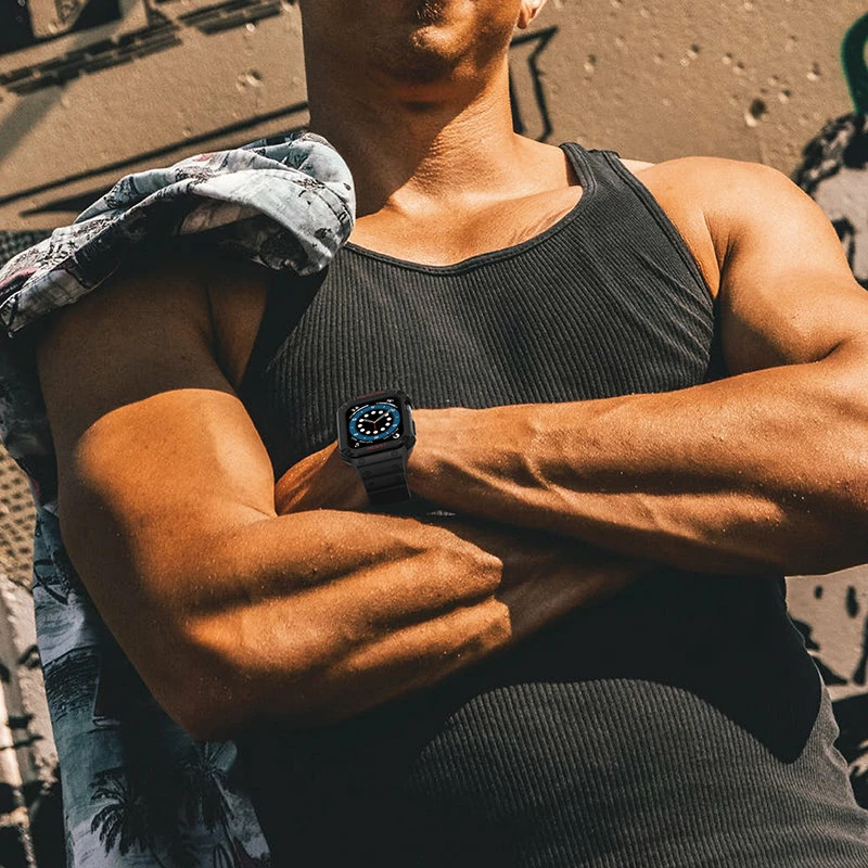 Zaščitni pašček z ovitkom za Apple Watch, Hurtel Protect Strap Band, 41/40/38 mm, črno/rdeč