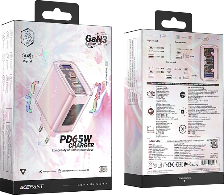Polnilnik GaN 65W, 3 vrata (1x USB, 2x USB-C), rožnat Acefast A45