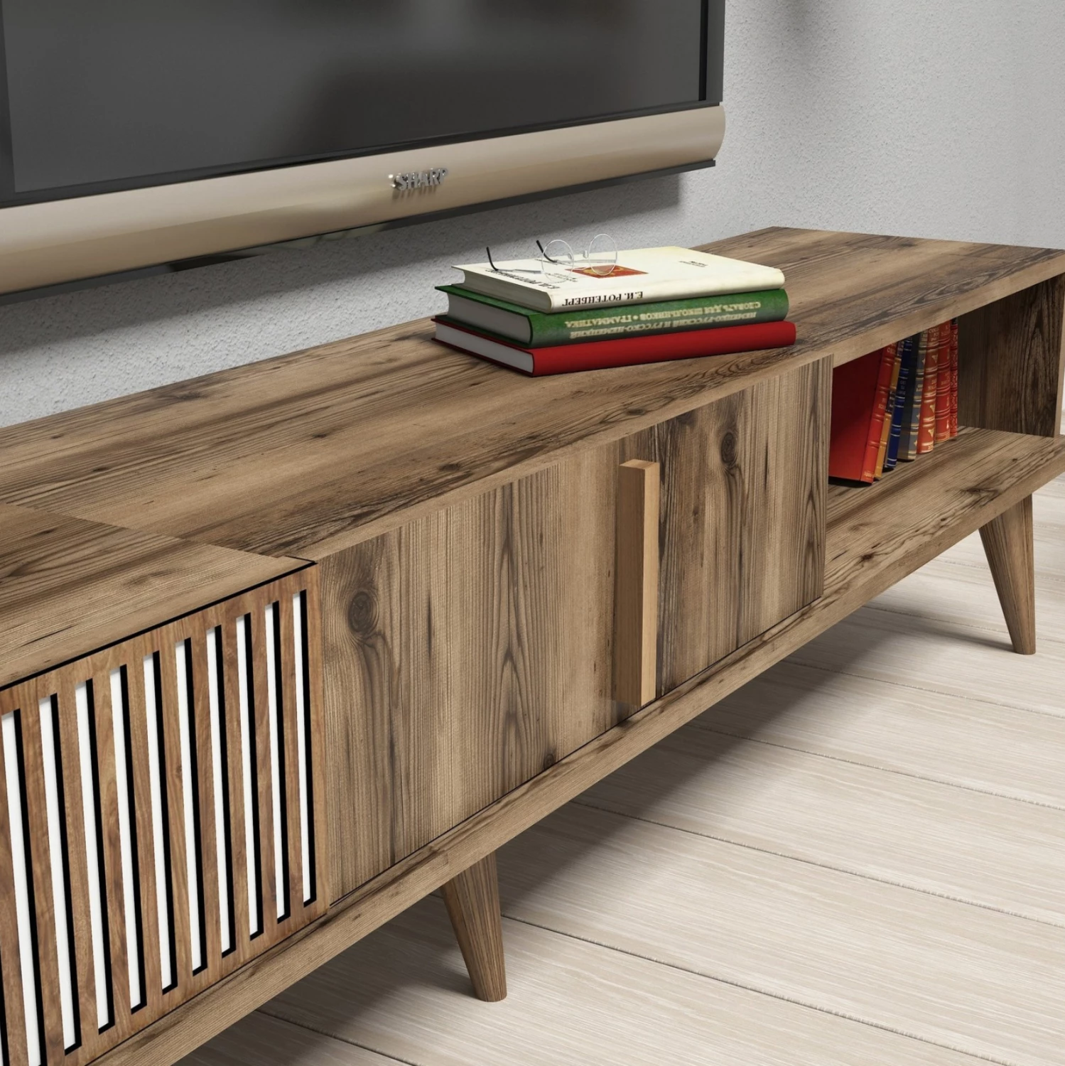 Komplet pohištva za TV FH9438.02 iz melamina v barvi oreha-bela 180x35x40Hcm