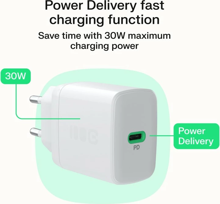 Stenski polnilec USB-C 30 W PD, 1x USB-C, Green Cell PowerSource Solo30 CHARB-GC-30C-W, bel