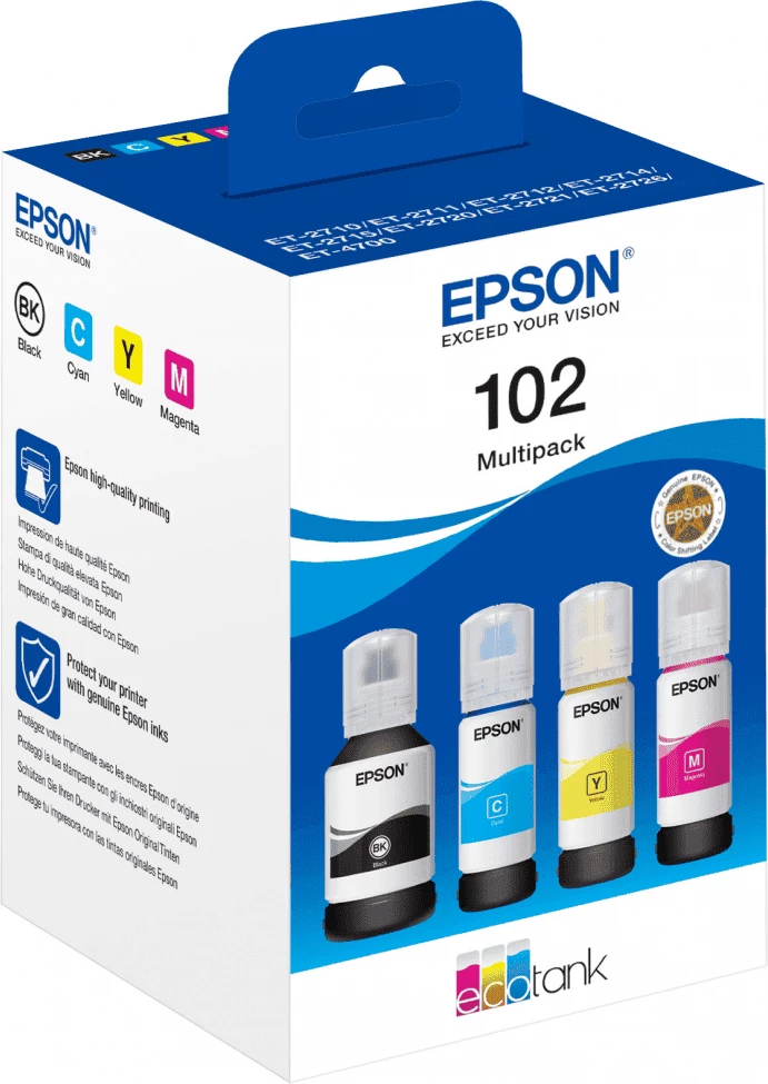 Črnila v stekleničkah Epson 102 / C13T03R640, standardni multipack, črna/cijan/magenta/rumena, set 4 kosi