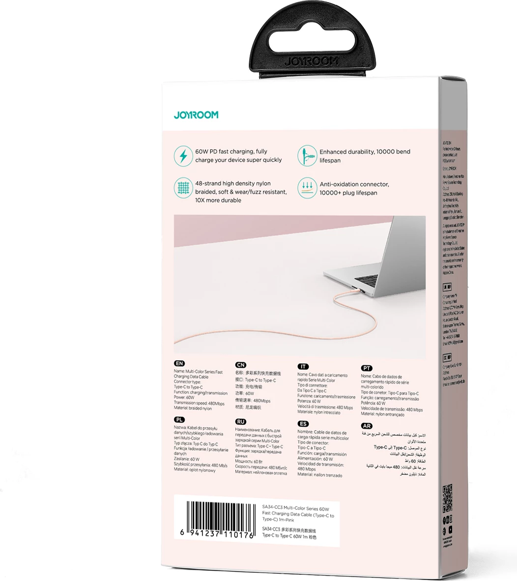 Kabel USB-C–USB-C, večbarvna serija Joyroom S-A34, 1 m, 60 W, roza