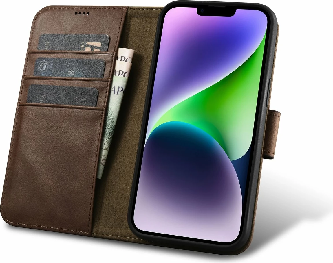 Ovitek 2-v-1 Oil Wax Wallet za iPhone 14 Plus, iCarer, naravno usnje, Anti-RFID, rjav