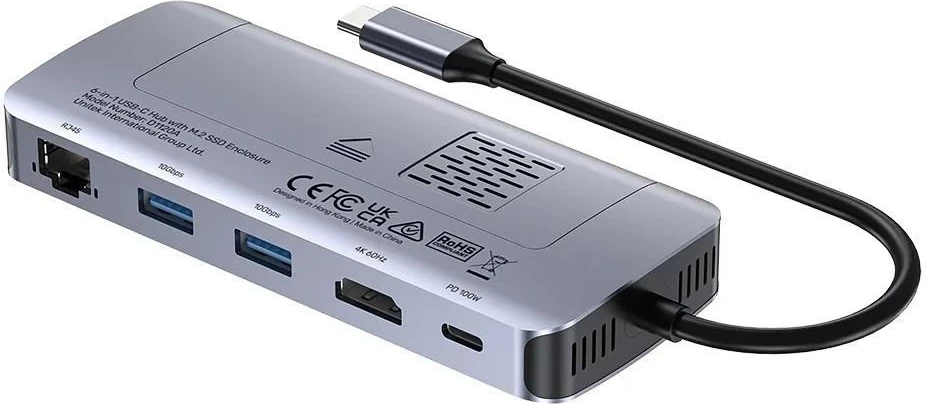USB-C hub UNITEK Active, 10 Gbit/s, M.2, HDMI, Power Delivery 100 W, siv