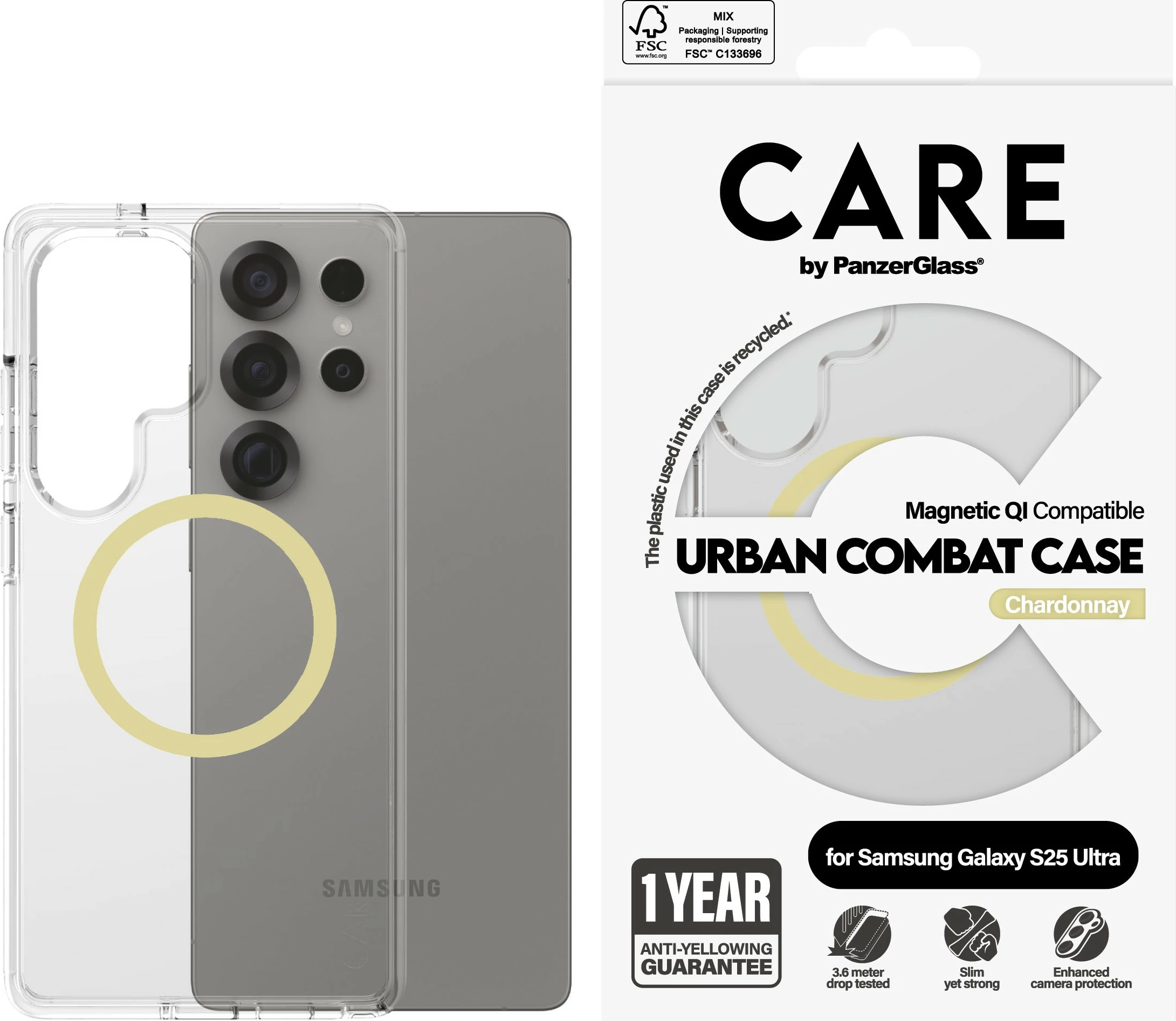Prosojen ovoj PanzerGlass CARE Flagship Case Clear Chardonnay QI za Galaxy S25 Ultra