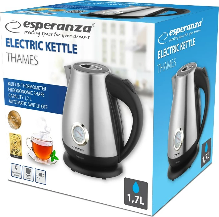 Električna grelnica vode z merilnikom temperature, Esperanza EKK029, 1,7 L, 2200 W, srebrna