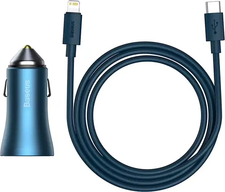 Polnilec za avto, 40W, USB + USB-C, s kablom USB-C na Lightning 1 m, moder Baseus Golden Contactor Pro