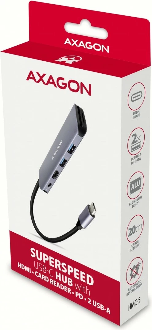Multiport adapter AXAGON HMC-5, 5 vrat, USB-C, HDMI 4K, SD/microSD, Power Delivery 100W, 20cm, črno/siv