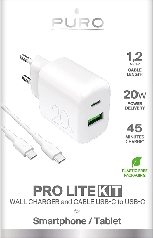 Stenski polnilec 20W USB-A/USB-C s kablom USB-C na USB-C 1,2 m, bel, Puro PROLITE